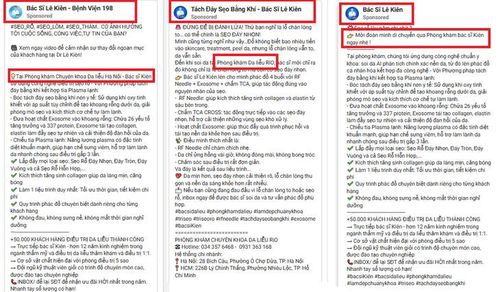 3 trang mạng xã hội gắn với Bác sĩ Lê Kiên quảng cáo dịch vụ da liễu có địa chỉ tại số 28 Bích Câu, nhưng có nhiều tên khác nhau.