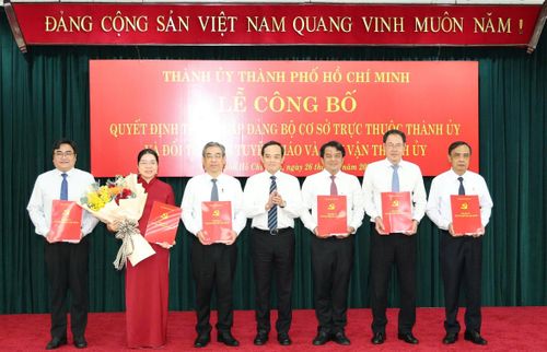  Bí thư Thành ủy TP.HCM Trần Lưu Quang trao quyết định và chúc mừng Ban Thường vụ Đảng ủy MTTQ, các đoàn thể TP.HCM. Ảnh: Phan Anh.
