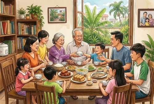 Mùa Vu lan, món quà quý nhất với ông bà, cha mẹ là một bữa cơm sum vầy, đông đủ con cháu, rộn ràng tiếng nói cười. Ảnh minh họa từ AI