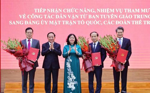 Bí thư Đảng ủy MTTQ, các đoàn thể Trung ương, Chủ tịch Ủy ban Trung ương MTTQ Việt Nam Bùi Thị Minh Hoài và Trưởng Ban Tuyên giáo Trung ương Trịnh Văn Quyết trao quyết định cho các ông: Phạm Tất Thắng, Nguyễn Quang Đức, Triệu Tài Vinh giữ chức Phó Bí thư Đảng ủy MTTQ, các đoàn thể Trung ương. Ảnh: VĐ.
