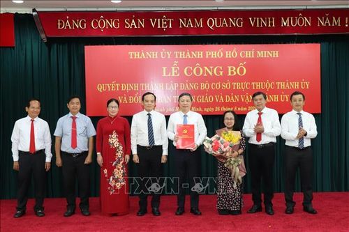 Bí thư Thành ủy Thành phố Hồ Chí Minh Trần Lưu Quang trao quyết định và hoa chúc mừng lãnh đạo Ban Tuyên giáo Thành ủy TP Hồ Chí Minh. Ảnh: TTXVN phát