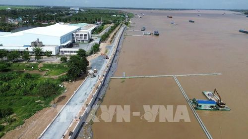 Đồng Tháp tập trung huy động, bố trí nguồn lực để đầu tư các công trình xử lý sạt lở. Ảnh: Công Trí - TTXVN