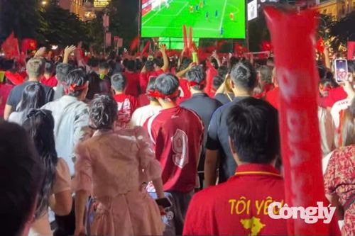 Cổ động viên hào hứng ăn mừng chiến thắng của đội tuyển Việt Nam.