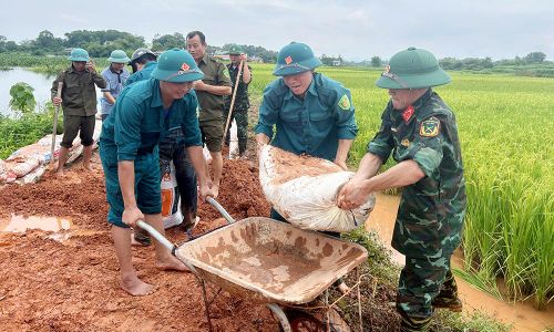 Các lực lượng hỗ trợ người dân đắp bờ tại khu vực ngòi của đồng Sấu.