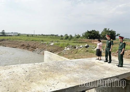 Lực lượng chức năng kiểm tra tình hình tiêu thoát nước tại khu vực cống Triệu.