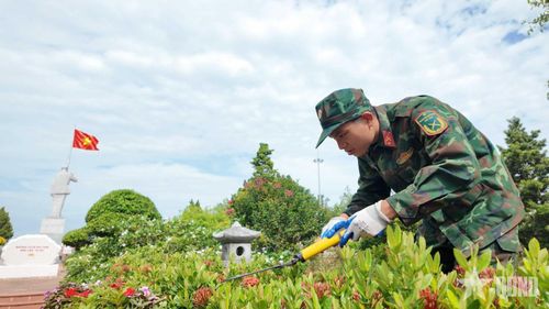 Chiến sĩ Tiểu đoàn đảo Cô Tô cắt tỉa cây, làm đẹp cảnh quan trên đảo. 