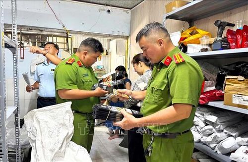 Lực lượng Công an Cà Mau ra quân kiểm tra hàng hóa, phòng chống cháy nổ dịp lễ Quốc khánh 2/9. Ảnh: TTXVN phát