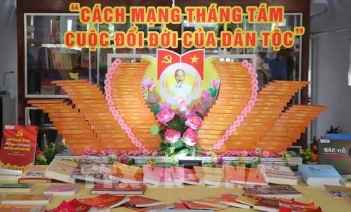 Hoạt động trưng bày sách với mô hình “Hoa Sen” tại Thư viện thành phố Cần Thơ Cơ sở Vị Thanh. Ảnh: Nguyễn Hằng - TTXVN