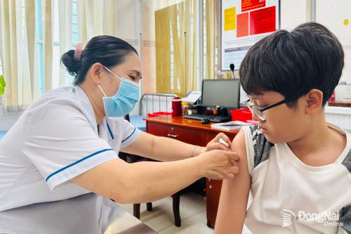 Nhân viên Trung tâm Kiểm soát bệnh tật thành phố Đồng Nai tiêm vaccine phòng bệnh sốt xuất huyết cho trẻ em.
