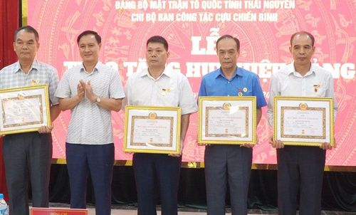 Đồng chí Vũ Duy Hoàng trao Huy hiệu Đảng cho các đảng viên.