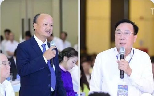 Ông Nguyễn Hồng Phong, Tổng Giám đốc Công ty CP Công nông nghiệp Tiến Nông và ông Lê Xuân Thảo, Giám đốc Công ty TNHH Đầu tư Du lịch Hải Tiến đề xuất ý kiến tại hội nghị.