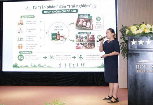 Bà Nguyễn Thị Kiều Anh, Giám đốc HTX Nông nghiệp Xanh Gò Nổi chia sẻ những khó khăn trong việc mở rộng vùng nguyên liệu tại hội thảo.