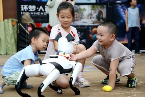  Trẻ em chơi đùa cùng thú cưng robot tại triển lãm trí tuệ nhân tạo ở Đông Dinh, tỉnh Sơn Đông, ngày 3/8/2025. Ảnh: Liu Zhifeng/Xinhua.