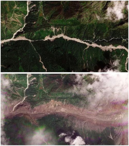  Hình ảnh vệ tinh tại thung lũng gần biên giới Nepal - Trung Quốc ghi nhận trận lũ lụt đã nhanh chóng làm thay đổi diện mạo cảnh quan ở các khu vực chịu ảnh hưởng. Ảnh: Reuters. 