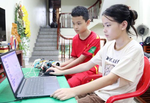  Hai anh em Tiến Quân và Hương Thảo tập luyện tại nhà. 