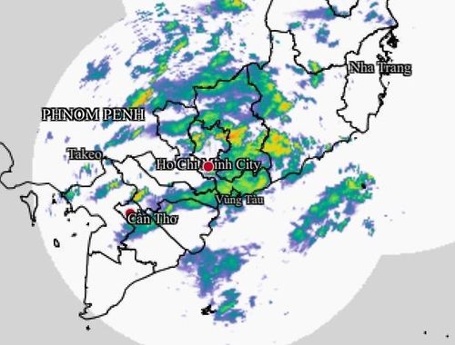 Các ổ dông gây mưa tại TPHCM và Nam bộ chiều 29-8. Ảnh chụp lại màn hình radar thời tiết