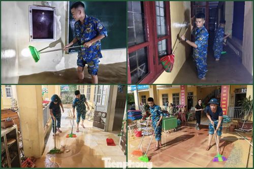 Chiến sĩ Trạm Ra đa 59 cùng các lực lượng dọn dẹp tại trường học.