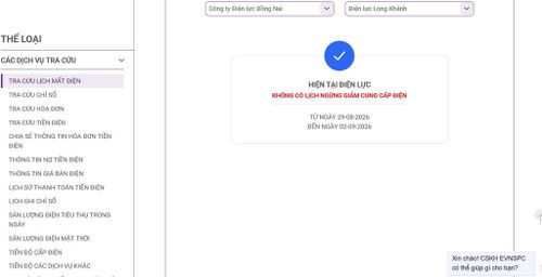 Lịch ngừng cấp điện tại Đồng Nai ngày mai 30/8 được cập nhật 09h00 ngày 29/8 tại website của EVNSPC. Ảnh: BNEWS phát