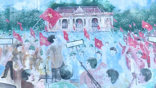 Bức tranh vẽ lễ mít tinh của Nhân dân giành chính quyền tại đình Ngô Xá Hạ năm 1945.