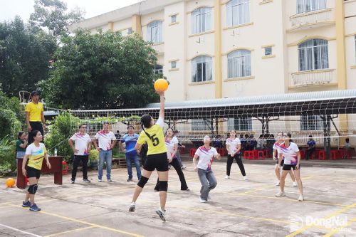 Các đội tranh tài ở nội dung bóng chuyền hơi nữ. Ảnh: Quang Minh