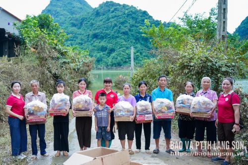 Lãnh đạo Hội Chữ thập đỏ tỉnh cùng thành viên CLB Giọt hồng trao ước mơ trao tặng quà đến người dân xã Tân Đoàn