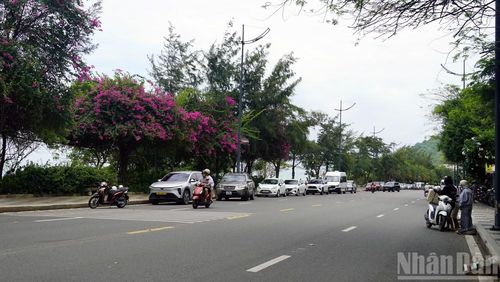 Xe đỗ ven đường Quang Trung, đoạn mũi Nghinh Phong sáng 30/8. (Ảnh: Đình Thìn)