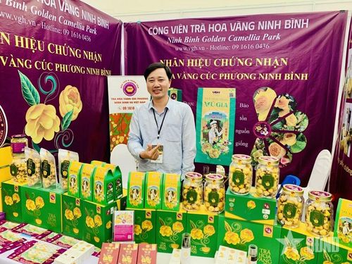 Anh Phạm Tiến Duật giới thiệu về các sản phẩm từ trà hoa vàng. Ảnh: MINH TIẾN