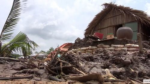 Những chòi lá người dân bám trụ mưu sinh sát chân đê cuối sông Hậu đang bị de dọa bởi sạt lở.