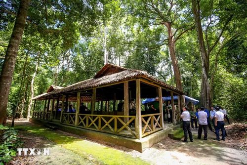 Đoàn khách tham quan tìm hiểu các hạng mục được phục dựng tại Khu di tích Căn cứ Chính phủ Cách mạng lâm thời Cộng hòa miền Nam Việt Nam giữa vùng biên giới Tây Ninh. (Ảnh: Giang Phương/TTXVN)