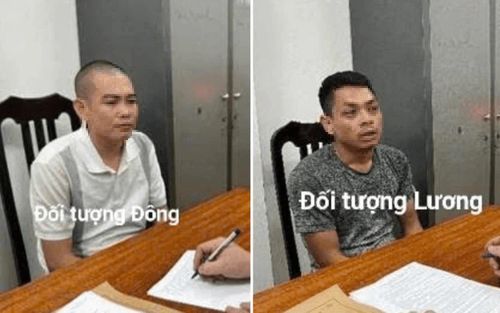 Đinh Xuân Đông và Đinh Văn Lương tại cơ quan công an. Ảnh: CAHN