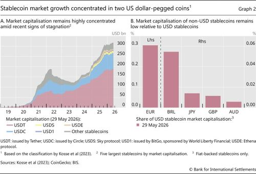 Tăng trưởng thị trường stablecoin tập trung chủ yếu ở hai đồng neo theo USD là USDT và USDC, trong khi quy mô các stablecoin neo theo các đồng tiền khác vẫn rất nhỏ. Nguồn: BIS, Báo cáo Kinh tế thường niên 2026.