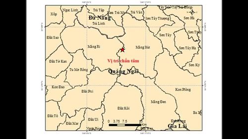 Bản đồ chấn tâm trận động đất độ lớn 4 tại Quảng Ngãi. (Ảnh: Viện Các khoa học Trái đất cung cấp)