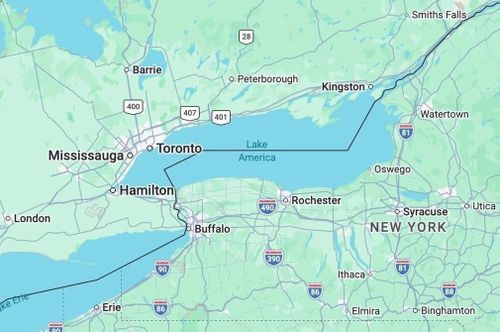 Google Maps đổi hiển thị tên "hồ Ontario" là "hồ Mỹ" đối với người dùng tại Mỹ. Ảnh chụp màn hình Google Maps