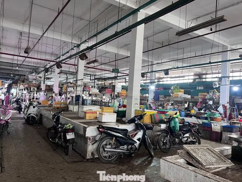 Khu vực kinh doanh thịt cá, thực phẩm tươi sống tại chợ Phú Lâm vắng hoe, nhiều tiểu thương đóng sạp nghỉ bán.