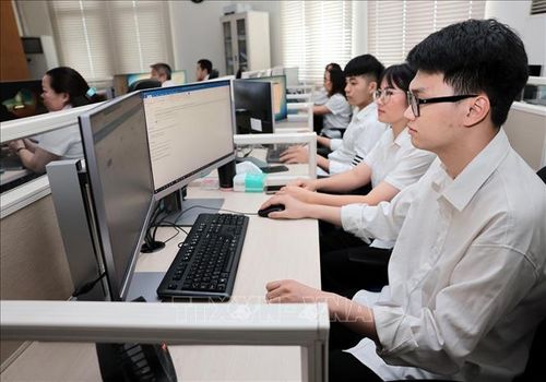 Hoạt động nghiệp vụ của công chức ngành Thuế tại Trung tâm Giám sát CNTT. Ảnh: Phạm Hậu/TTXVN