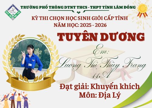 Thùy Trang đạt giải Khuyến khích trong kỳ thi học sinh giỏi môn Địa lí cấp tỉnh năm học 2025 - 2026