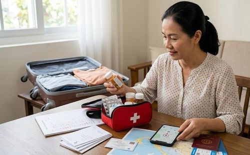 Trước chuyến đi, người bệnh nên mang đủ thuốc, thông tin điều trị và biết trước cơ sở y tế gần nơi lưu trú. Hình minh họa AI.