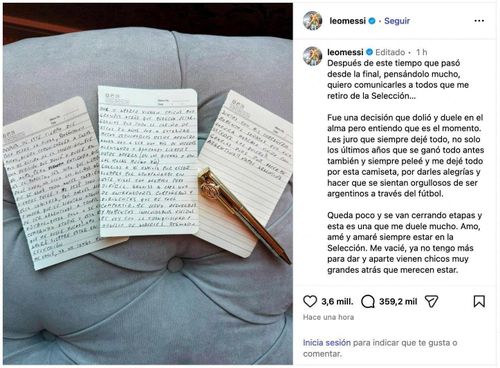  Bài đăng của Messi trên Instagram về việc giã từ đội tuyển quốc gia. Ảnh: Reuters. 