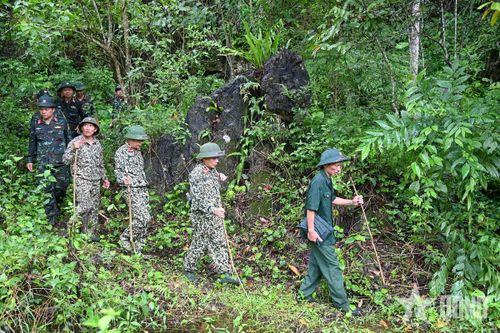 Cựu chiến binh dẫn cán bộ, chiến sĩ tới hang sập phía Đông điểm cao 685, thôn Giang Nam, xã Thanh Thủy, tỉnh Tuyên Quang.