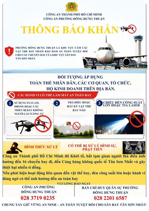  Công an phường Đông Hưng Thuận cảnh báo người dân về việc thả diều, điều khiển thiết bị bay ở khu vực gần Sân bay Tân Sơn Nhất. Ảnh: CA 