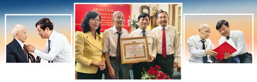  Đồng chí Võ Văn Minh trao Huy hiệu 80 năm tuổi Đảng cho các đồng chí Thái Văn Trung, Mai Xuân Hòa, Trần Văn Hồng. Ảnh: NGUYỄN TÂN 
