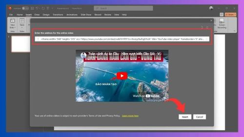 Dán đoạn mã nhúng vừa sao chép vào ô nhập liệu và nhấn Insert.