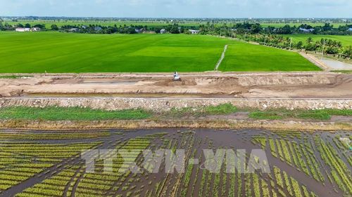 Hiện đã có khoảng 3,3 triệu m3 cát được đưa về công trường dự án thành phần 2 cao tốc Châu Đốc - Cần Thơ - Sóc Trăng. Ảnh: Thanh Liêm - TTXVN