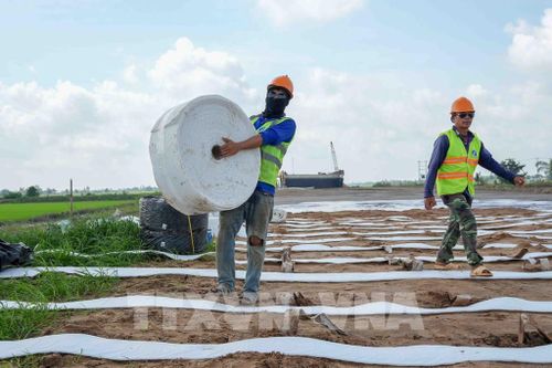 Công nhân vận chuyển vật liệu về công trường ở gói thầu số 1, dự án thành phần 2 cao tốc Châu Đốc - Cần Thơ - Sóc Trăng cuối tháng 8/2026. Ảnh: Thanh Liêm - TTXVN
