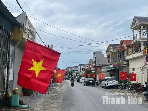 Người dân phố Thanh Minh (phường Nam Sầm Sơn) treo cờ Tổ quốc dịp Quốc khánh 2/9.
