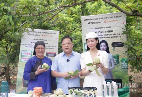 Ông Hoàng Xuân Hòa, Phó Bí thư Đảng ủy, Chủ tịch UBND xã Chi Lăng trực tiếp livestream tại phiên Mega livestream Chương trình quảng bá, xúc tiến tiêu thụ nông sản chủ lực tỉnh Lạng Sơn