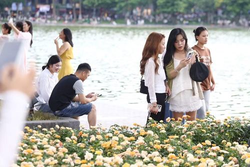 Từ sáng sớm cho đến chiều muộn, khu vực thảm hoa luôn đông đúc các bạn trẻ, người dân và du khách đến tham quan, chụp ảnh