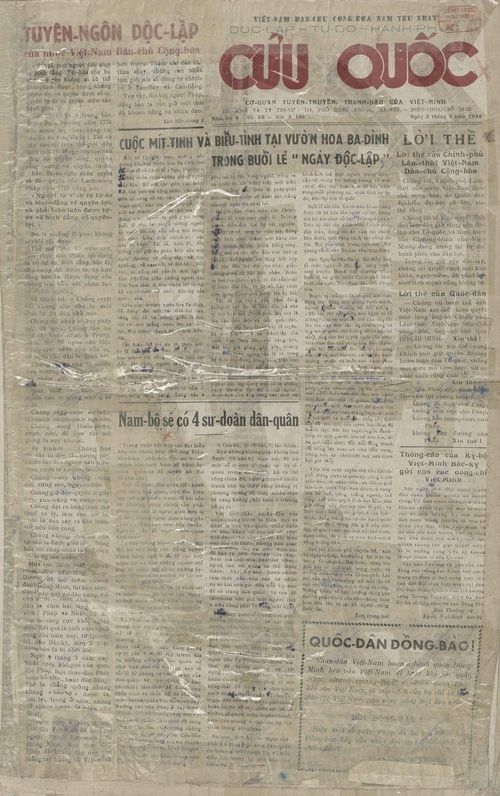 Ký ức về ngày 2.9.1945 được phản ánh đậm nét của Báo “Cứu quốc” số 36, ra ngày 5.9.1945. Ảnh: BTLSQG