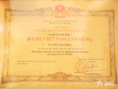 Danh hiệu Bà mẹ Việt Nam Anh hùng của mẹ Nguyễn Thị Thiểu.