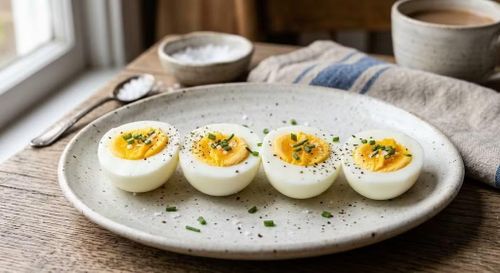 Trứng là lựa chọn giàu protein và dễ chế biến cho bữa sáng. Protein có thể giúp tăng cảm giác no, vì vậy trứng phù hợp với thực đơn bữa sáng của người đang kiểm soát cân nặng. Có thể ăn 1–2 quả trứng luộc hoặc trứng hấp, kết hợp cùng rau xanh và một lát bánh mì ngũ cốc thay vì chiên nhiều dầu mỡ. Ảnh minh hoạ AI
